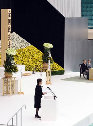 August 15, 2026, Tokyo, Japan - Japanese Prime Minister Sanae Takaichi (L) delivers a speech at the memorial service for the war dead at the Nippon Budokan hall in Tokyo on Saturday, August 15, 2026, while Emperor Naruhito (2nd R) and Empress Masako (R) look on. Japan marked the 81st anniversary of its surrender of World War II. (photo by Yoshio Tsunoda AFLO)  aflo_341018772