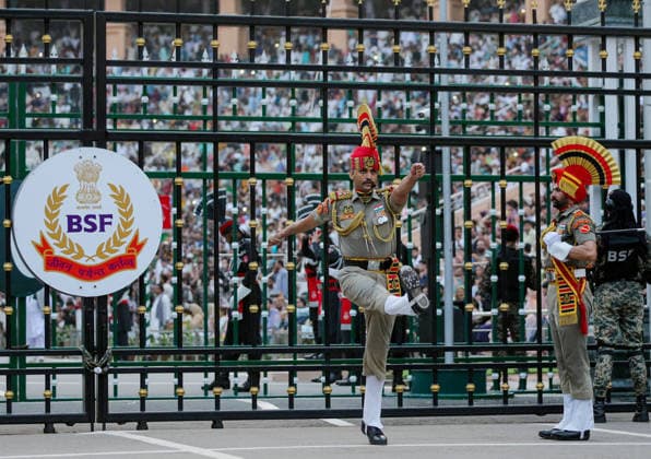 80th Independence Day celebrations at the Attari Wagha border Amritsar, Aug 15 (ANI): Border Security Force (BSF) soldiers perform during the Beating Retreat ceremony on the occasion of 80th Independence Day, at Attari Wagha border, in Amritsar on Saturday. Amritsar Punjab India Copyright: xANIx ANI_20260815738