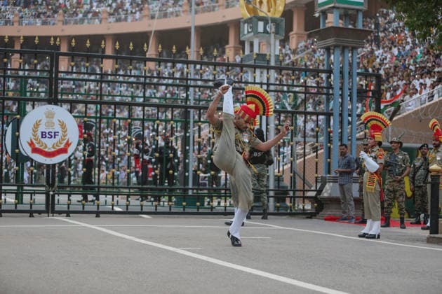 80th Independence Day celebrations at the Attari Wagha border Amritsar, Aug 15 (ANI): Border Security Force (BSF) soldiers perform during the Beating Retreat ceremony on the occasion of 80th Independence Day, at Attari Wagha border, in Amritsar on Saturday. Amritsar Punjab India Copyright: xANIx ANI_20260815739