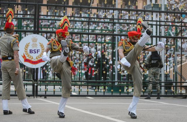 80th Independence Day celebrations at the Attari Wagha border Amritsar, Aug 15 (ANI): Border Security Force (BSF) soldiers perform during the Beating Retreat ceremony on the occasion of 80th Independence Day, at Attari Wagha border, in Amritsar on Saturday. Amritsar Punjab India Copyright: xANIx ANI_20260815740