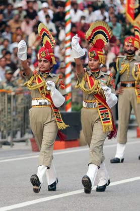 80th Independence Day celebrations at the Attari Wagha border Amritsar, Aug 15 (ANI): Border Security Force (BSF) soldiers perform during the Beating Retreat ceremony on the occasion of 80th Independence Day, at Attari Wagha border, in Amritsar on Saturday. Amritsar Punjab India Copyright: xANIx ANI_20260815747