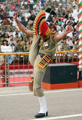 80th Independence Day celebrations at the Attari Wagha border Amritsar, Aug 15 (ANI): Border Security Force (BSF) soldier performs during the Beating Retreat ceremony on the occasion of 80th Independence Day, at Attari Wagha border, in Amritsar on Saturday. Amritsar Punjab India Copyright: xANIx ANI_20260815746