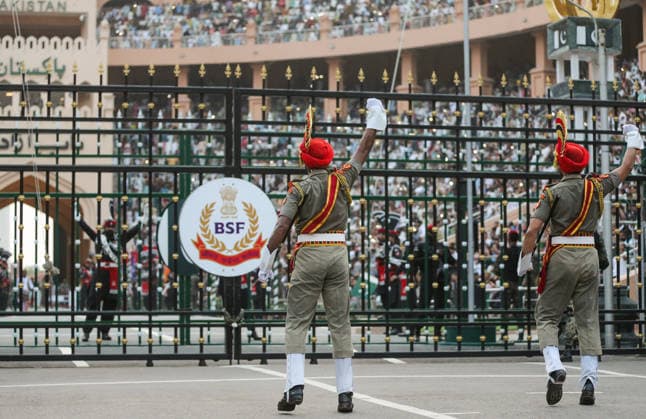 80th Independence Day celebrations at the Attari Wagha border Amritsar, Aug 15 (ANI): Border Security Force (BSF) soldiers perform during the Beating Retreat ceremony on the occasion of 80th Independence Day, at Attari Wagha border, in Amritsar on Saturday. Amritsar Punjab India Copyright: xANIx ANI_20260815749