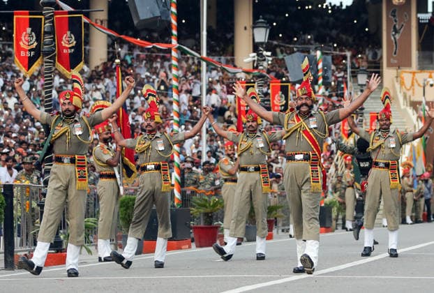 80th Independence Day celebrations at the Attari Wagha border Amritsar, Aug 15 (ANI): Border Security Force (BSF) soldiers perform during the Beating Retreat ceremony on the occasion of 80th Independence Day, at Attari Wagha border, in Amritsar on Saturday. Amritsar Punjab India Copyright: xANIx ANI_20260815750