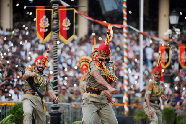 80th Independence Day celebrations at the Attari Wagha border Amritsar, Aug 15 (ANI): Border Security Force (BSF) soldiers perform during the Beating Retreat ceremony on the occasion of 80th Independence Day, at Attari Wagha border, in Amritsar on Saturday. Amritsar Punjab India Copyright: xANIx ANI_20260815751