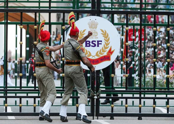 80th Independence Day celebrations at the Attari Wagha border Amritsar, Aug 15 (ANI): Border Security Force (BSF) soldiers perform during the Beating Retreat ceremony on the occasion of 80th Independence Day, at Attari Wagha border, in Amritsar on Saturday. Amritsar Punjab India Copyright: xANIx ANI_20260815752