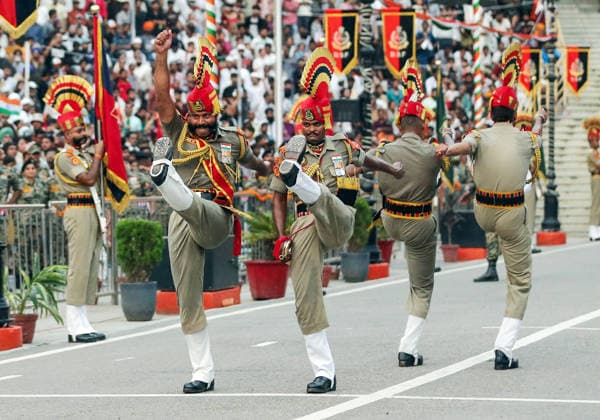 80th Independence Day celebrations at the Attari Wagha border Amritsar, Aug 15 (ANI): Border Security Force (BSF) soldiers perform during the Beating Retreat ceremony on the occasion of 80th Independence Day, at Attari Wagha border, in Amritsar on Saturday. Amritsar Punjab India Copyright: xANIx ANI_20260815753