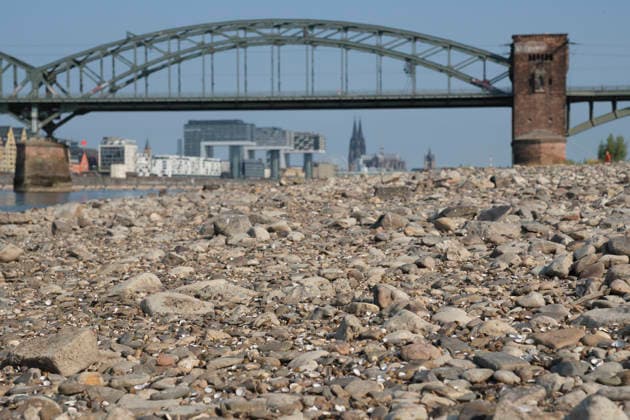 Eine bodennahe Aufnahme zeigt das weitläufige, freigelegte Kiesel- und Steinufer des Rheins bei extremem sommerlichem Niedrigwasser. Im unscharfen Hintergrund erstreckt sich die stählerne Fachwerk-Konstruktion der historischen Südbrücke mit ihren markanten Wehrtürmen aus Backstein. Dahinter zeichnet sich die Kölner Skyline mit den modernen Kranhäusern im Rheinauhafen und den entfernten Spitzen des Kölner Doms unter einem klaren, blauen Himmel ab.