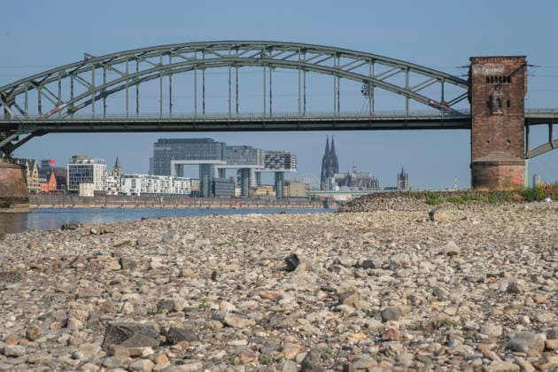 Eine bodennahe Aufnahme zeigt das weitläufige, freigelegte Kiesel- und Steinufer des Rheins bei extremem sommerlichem Niedrigwasser. Im unscharfen Hintergrund erstreckt sich die stählerne Fachwerk-Konstruktion der historischen Südbrücke mit ihren markanten Wehrtürmen aus Backstein. Dahinter zeichnet sich die Kölner Skyline mit den modernen Kranhäusern im Rheinauhafen und den entfernten Spitzen des Kölner Doms unter einem klaren, blauen Himmel ab.