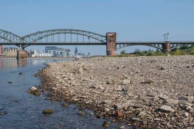 Eine weitwinklige Totalansicht zeigt den stark zurückgewichenen Flusslauf des Rheins mit einem weitläufig ausgetrockneten Kiesel- und Steinufer bei extremem sommerlichem Niedrigwasser. Die historische, stählerne Südbrücke überspannt den Fluss mit ihren charakteristischen Fachwerkbögen und dem markanten Wehrturm aus rotem Backstein. Im Hintergrund spiegelt sich das gegenüberliegende Rheinufer mit der Kölner Skyline, den Kranhäusern im Rheinauhafen und den entfernten Türmen des Kölner Doms unter einem wolkenlosen, blauen Himmel.