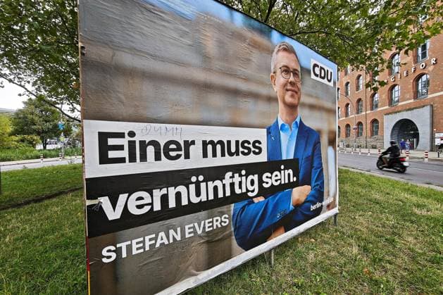 Berlin, Deutschland, 16.08.2026: Wahlplakat mit Stefan Evers, CDU, und dem Slogan Einer muss vernünftig sein Copyright: xdtsxNachrichtenagenturx dts_130299