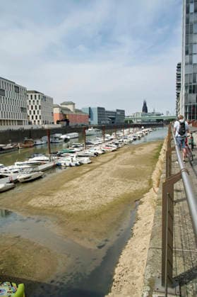 Der Rhein ist in Köln so niedrig wie noch nie. In der Nacht zu Sonntag fiel der Pegel auf nur 45 Zentimeter und damit deutlich unter den bisherigen Tiefststand. Für die Schifffahrt wird das zunehmend zum Problem. Köln, 16.08.2026