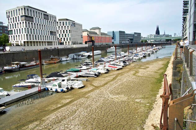Der Rhein ist in Köln so niedrig wie noch nie. In der Nacht zu Sonntag fiel der Pegel auf nur 45 Zentimeter und damit deutlich unter den bisherigen Tiefststand. Für die Schifffahrt wird das zunehmend zum Problem. Köln, 16.08.2026