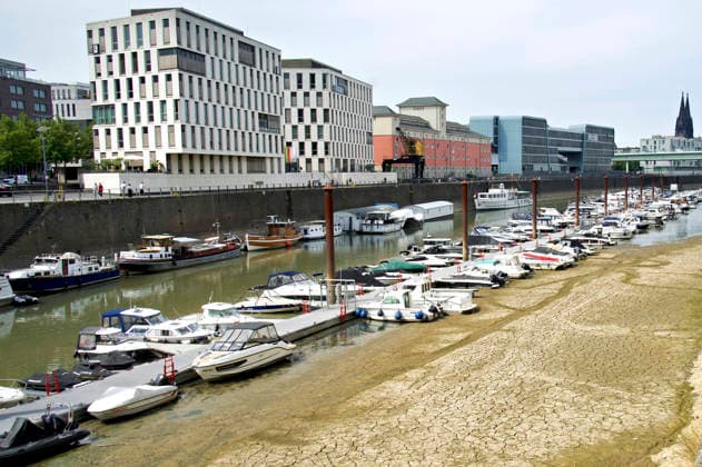 Der Rhein ist in Köln so niedrig wie noch nie. In der Nacht zu Sonntag fiel der Pegel auf nur 45 Zentimeter und damit deutlich unter den bisherigen Tiefststand. Für die Schifffahrt wird das zunehmend zum Problem. Köln, 16.08.2026