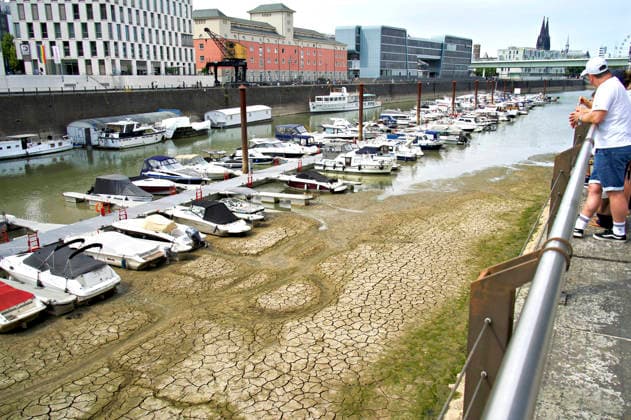 Der Rhein ist in Köln so niedrig wie noch nie. In der Nacht zu Sonntag fiel der Pegel auf nur 45 Zentimeter und damit deutlich unter den bisherigen Tiefststand. Für die Schifffahrt wird das zunehmend zum Problem. Köln, 16.08.2026
