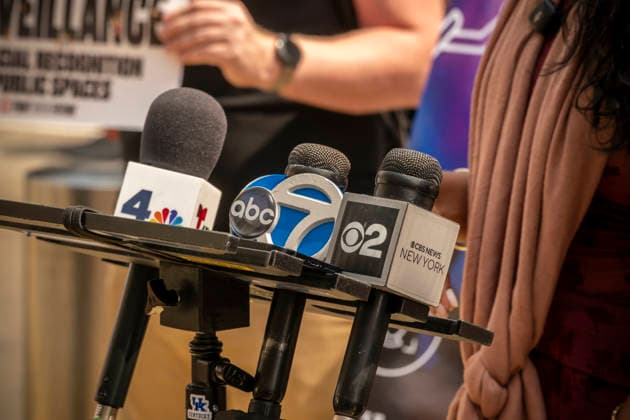 Networks at press conference in New York Microphones of the three major networks at a podium at a news conference in New York in New York on Friday, August 14, 2026 FCC chairman Brendan Carr is reported to be targeting major networks regarding news reporting practices. (  RichardxB.xLevine