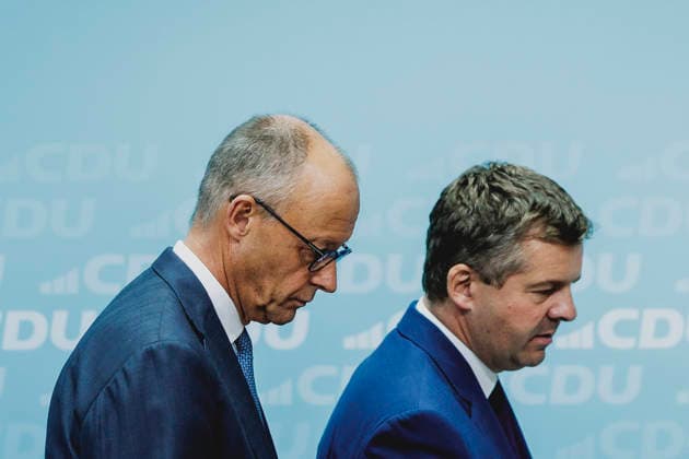(L-R) Friedrich Merz (CDU), Bundeskanzler, und Sven Schulze, Ministerpraesident von Sachsen-Anhalt, aufgenommen im Rahmen einer Pressekonferenz als Reaktion auf die Landtagswahl in Sachsen-Anhalt in Berlin, 07.09.2026. Mit rund 44% hat die AfD (Alternative fuer Deutschland) die Landtagswahl deutlich vor der CDU mit rund 17,5% gewonnen. Berlin Deutschland Copyright: xFlorianxGaertnerx