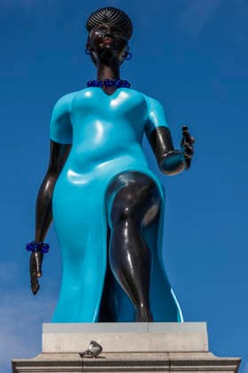 . 12 09 2026. London, United Kingdom. Lady In Blue Trafalgar Square. Lady In Blue by New York artist Tschabalala Self, which pays homage to a young, metropolitan woman, is the 16th artwork to feature on the plinth since 1998. The bronze and blue figure replaces Mil Veces un Instante (A Thousand Times in an Instant) by Teresa Margolles.  xMartynxWheatleyx xi-Imagesx IIM-27002-0004