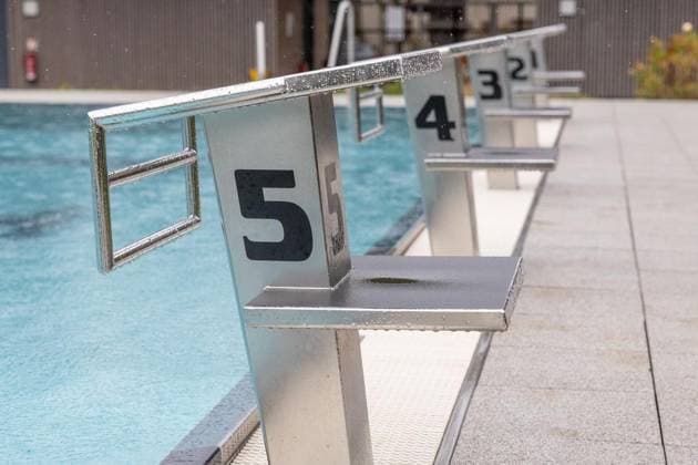 Hundeschwimmen im Freibad Werne ** NUR FÜR REDAKTIONELLE ZWECKE ** EDITORIAL USE ONLY **<p>Am Sonntag, den 13. September 2026 öffnete das Freibad Werne der Wasserwelten Bochum die Tore für das Hundeschwimmen. Im Bild: die Startblöcke des Schwimmerbeckens des Freibad Werne. Deutschland NRW Bochum Copyright: MichaelxSchwalm