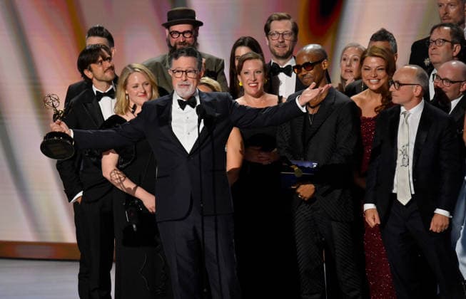 Cast and crew including Ariel Dumas, Opus Moreschi, Lauren Marcello, Sara Vilkomerson, Gabriel W Gronli, Stephen Colbert, Paul Dinello, Bjoern Stejskal, Tanya Michnevich Bracco, Matt Lappin, Michael R Brumm and Aaron Cohen accept the Outstanding Variety Series Award for The Late Show with Stephen Colbert on stage during the 78th annual Primetime Emmy Awards at the Peacock Theater in Los Angeles on Monday, September 14, 2026. LAP20260914129 JIMxRUYMEN