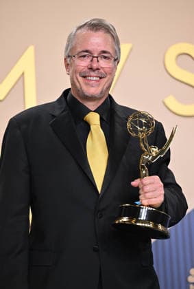 Vince Gilligan holds the Emmy for Outstanding Writing for a Drama Series Award for Pluribus, backstage during the 78th annual Primetime Emmy Awards at the Peacock Theater in Los Angeles on Monday, September 14, 2026.  LAP20260914215 CHRISxCHEW