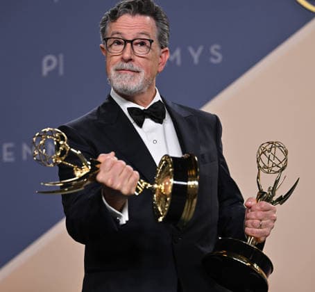 Stephen Colbert, holds the Emmy for Outstanding Variety Series for The Late Show with Stephen Colbert, backstage during the 78th annual Primetime Emmy Awards at the Peacock Theater in Los Angeles on Monday, September 14, 2026.  LAP20260914224 CHRISxCHEW