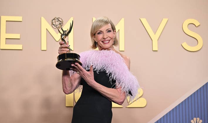 Allison Janney holds the Emmy for Outstanding Supporting Actress in a Drama Series for The Diplomat, backstage during the 78th annual Primetime Emmy Awards at the Peacock Theater in Los Angeles on Monday, September 14, 2026.  LAP20260914233 CHRISxCHEW