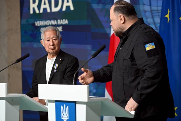 Speaker of the House of Representatives of Japan Eisuke Mori and Chairman of the Verkhovna Rada of Ukraine Ruslan Stefanchuk (L to R) hold a joint news conference at the press centre of the Ukrainian Parliament, Kyiv, Ukraine, September 15, 2026. (Photo by Yevhen Kotenko Ukrinform) Joint statement by Ukraine’s Parliament Chairman and Speaker of Japan s House of Representatives in Kyiv  Copyright: xYevhenxKotenkox