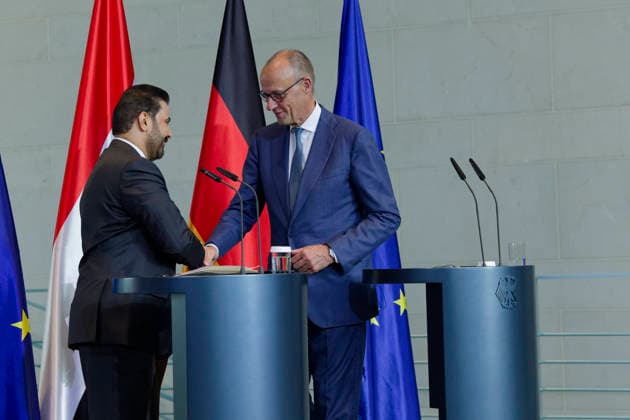Merz und Al-Zaidi 2026-09-15 Deutschland, Berlin Gemeinsame Pressekonferenz von Bundeskanzler Friedrich Merz (CDU) und dem Ministerpräsidenten des Irak, Ali Faleh Al-Zaidi im Kanzleramt.