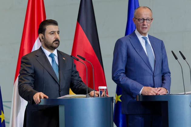 Merz und Al-Zaidi 2026-09-15 Deutschland, Berlin Gemeinsame Pressekonferenz von Bundeskanzler Friedrich Merz (CDU) und dem Ministerpräsidenten des Irak, Ali Faleh Al-Zaidi im Kanzleramt.