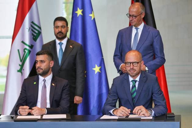 Berlin, Deutschland, 15.09.2026: Bundeskanzleramt: Empfang des Ministerpräsidenten des Irak: Ali al-Zaidi und Bundeskanzler Friedrich Merz (CDU), sowie der Irakische Elektrizitästsminister Ali Saadi Waheeb und Christian Bruch, CEO, Siemens Energy, die den Vertrag Unterzeichnen Copyright: xdtsxNachrichtenagenturx dts_134763