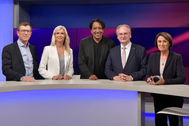 Christoph von Marschall, Susann Reichenbach, Cherno Jobatey, Reiner Haseloff und Sandra Maischberger in der ARD-Talkshow maischberger im Studio Berlin Adlershof. Berlin, 15.09.2026