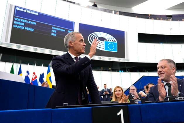 September 16, 2026, Strasbourg, France: Prime Minister Mark Carney waves as he is applauded as he arrives for the State of the European Union address by President of the European Commission Ursula von der Leyen, not shown, at the European Parliament in Strasbourg, France, on Wednesday, Sept. 16, 2026. Strasbourg France  - ZUMAc35_ 20260916_zaf_c35_026 Copyright: xJustinxTangx
