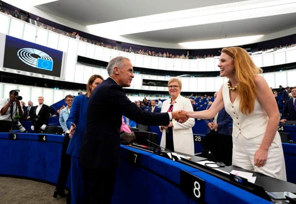 September 16, 2026, Strasbourg, France: Prime Minister Mark Carney greets members of the European Parliament as he attends the State of the European Union address by President of the European Commission Ursula von der Leyen, at the European Parliament in Strasbourg, France, on Wednesday, Sept. 16, 2026. Strasbourg France  - ZUMAc35_ 20260916_zaf_c35_028 Copyright: xJustinxTangx