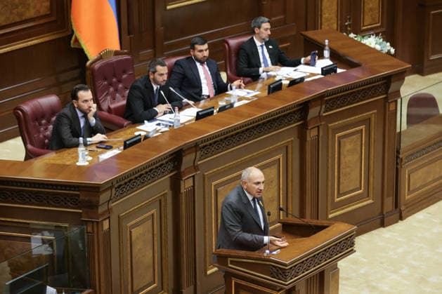 ARMENIA, YEREVAN - SEPTEMBER 16, 2026: Armenia s Prime Minister Nikol Pashinyan (foreground) addresses the Armenian Parliament during the second session of its 9th convocation. Alexander Patrin TASS  97822461
