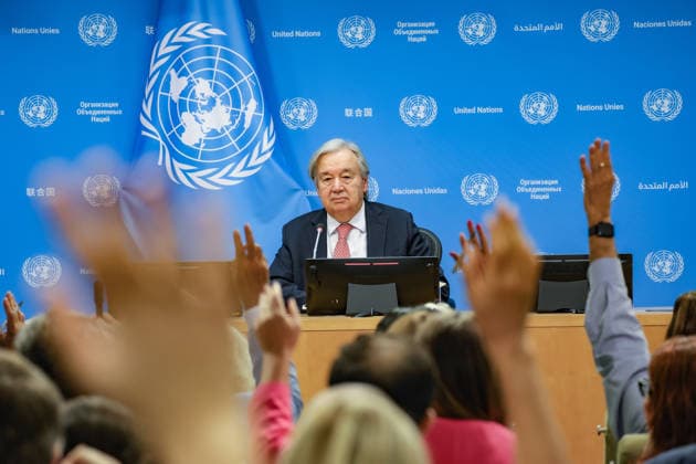 September 16, 2026, New York, New York, United States: United Nations Secretary-General ANTONIO GUTERRES takes questions from the press during his final press conference ahead of the UN General Assemblyâ€⠢s annual High-Level Week as Secretary-General, at UN Headquarters. Ahead of UNGA81, Guterres addressed escalating global conflicts and geopolitical divisions, the climate crisis, widening inequality and the rapid development of artificial intelligence, calling for stronger international cooperation, respect for the UN Charter and international law, and greater global safeguards around AI. Guterresâ€⠢ second and final term as UN Secretary-General concludes at the end of 2026. New York United States - ZUMAo116 20260916_znp_o116_007 Copyright: xBiancaxOterox