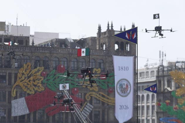September 16, 2026, Mexico City, Mexico: Mexican President CLAUDIA SHEINBAUM PARDO led the Civic-Military Parade marking the 216th anniversary of the beginning of Mexicos Independence, which started at the Zocalo and traveled along Paseo de la Reforma to Campo Marte in Mexico City. The Armed Forces displayed military equipment and technology, including tactical drones and the Xolotl robot, designed to handle situations involving explosive devices. She was accompanied by Defense Secretary General RICARDO TREVILLA TREJO and Navy Secretary Admiral RAYMUNDO PEDRO MORALES ANGELES. Mexico City Mexico  - ZUMAl178 20260916_znp_l178_101 Copyright: xCristianxLeyvax