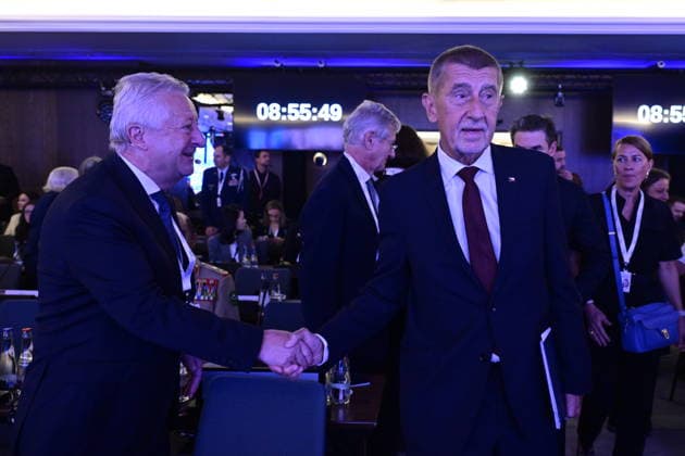 From left, Czech Defence Minister Jaromir Zuna (for SPD) and Prime Minister Andrej Babis (ANO) at the IISS Prague Defence Summit 2026, in Prague, Czech Republic, on September 17, 2026. (CTKxPhoto RomanxVondrous) CTKPhotoP2026091702391  CTKPhotoP2026091702391