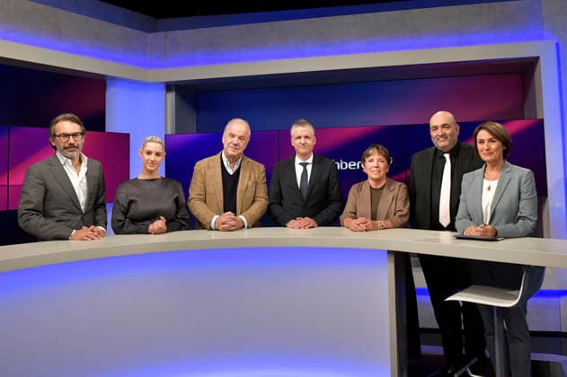 Rene Pfister, Victoria Reichelt, Hubertus Meyer-Burckhardt, Thorsten Frei, Margot Käßmann, Omid Nouripour und Sandra Maischberger in der ARD-Talkshow maischberger im Studio Berlin Adlershof. Berlin, 16.09.2026