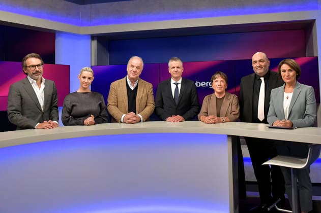 Rene Pfister, Victoria Reichelt, Hubertus Meyer-Burckhardt, Thorsten Frei, Margot Käßmann, Omid Nouripour und Sandra Maischberger in der ARD-Talkshow maischberger im Studio Berlin Adlershof. Berlin, 16.09.2026