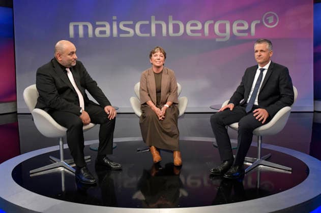 Omid Nouripour, Margot Käßmann und Thorsten Frei in der ARD-Talkshow maischberger im Studio Berlin Adlershof. Berlin, 16.09.2026