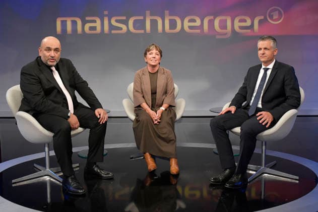 Omid Nouripour, Margot Käßmann und Thorsten Frei in der ARD-Talkshow maischberger im Studio Berlin Adlershof. Berlin, 16.09.2026