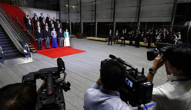 Japan PM reshuffles Cabinet Japanese Prime Minister Sanae Takaichi (front row, C) and her Cabinet members pose for a group photo at the premier s office in Tokyo on Sept. 17, 2026, following the reshuffle of her Cabinet.  A14AA0005627742P