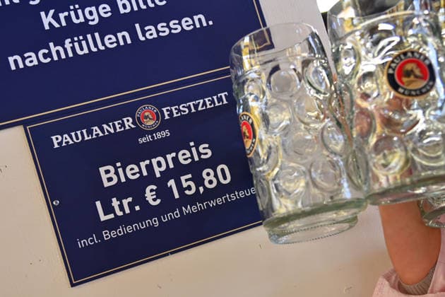 Bierpreis Euro 15,80 pro Mass Bier und Liter. Presserundgang vor dem 191. Oktoberfest 2026 am 17.09.2026.