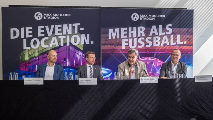 Interessensbekundung der Stadt Nürnberg, Freistaat Bayern und BLSV zu den Finals 20XX, Nürnberg, 17.09.2026 Im Max Morlock Stadion stellten Vertreter der Stadt, des Freistaats Bayern und des BLSV ihre Interessensbekundung zu den Finals vor. Auf dem Podium saßen unter anderem Andreas Kriegstein, Marcus König, Dr. Markus Söder und Jörg Ammon. Nürnberg Max Morlock Stadion Bayern Deutschland