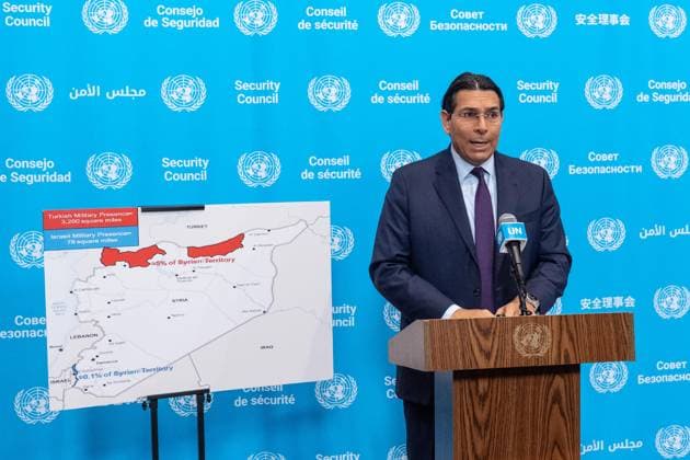 September 17, 2026, Bronx, New York, USA: Ambassador Danny Danon of Israel speaks to the press at Security Council stakeout ahead of the meeting on situation in Syria at UN Headquarters in New York, NY on September 17, 2026. He pointed to the map of Syria where Turkiye occupied about 5% and Israel about 0.1% of Syrian territory. Bronx USA - ZUMAr339 20260917_znp_r339_031 Copyright: xLevxRadinx
