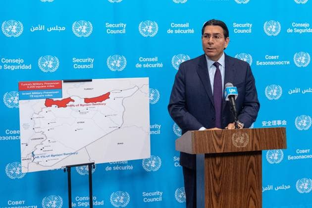 September 17, 2026, Bronx, New York, USA: Ambassador Danny Danon of Israel speaks to the press at Security Council stakeout ahead of the meeting on situation in Syria at UN Headquarters in New York, NY on September 17, 2026. He pointed to the map of Syria where Turkiye occupied about 5% and Israel about 0.1% of Syrian territory. Bronx USA - ZUMAr339 20260917_znp_r339_032 Copyright: xLevxRadinx