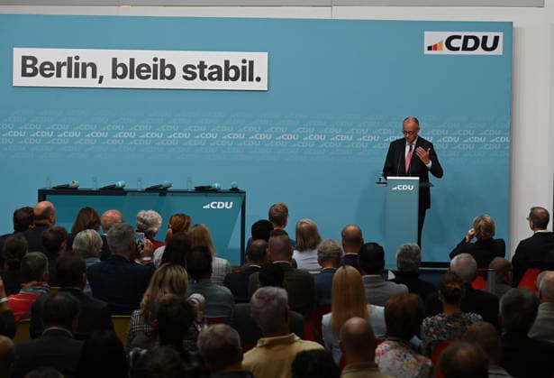 Chancellor Merz joins Evers for CDU Berlin’s Final Campaign Push in Berlin BERLIN, GERMANY - SEPTEMBER 17: Federal Chancellor Friedrich Merz and CDU Berlin lead candidate Stefan Evers (not seen) take part in the final phase of the CDU’s Berlin election campaign under the motto: Keeping Extremists Out of Power. Solutions from the Centre , at the CDU Federal Headquarters in Berlin, Germany, on September 17, 2026. The Berlin House of Representatives election will take place on September 20, 2026. Volodymyr Sindieiev Anadolu Berlin Germany. Editorial use only. Please get in touch for any other usage.  Copyright: x2026xAnadoluxVolodymyrxSindieievx