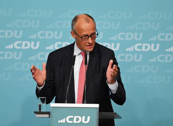 German Chancellor Merz and CDU candidate Evers lead final campaign push for Berlin state election BERLIN, GERMANY - SEPTEMBER 17: Federal Chancellor Friedrich Merz speaks during the final phase of the CDU’s Berlin election campaign under the motto: Keeping Extremists Out of Power. Solutions from the Centre , at the CDU Federal Headquarters in Berlin, Germany, on September 17, 2026. The Berlin House of Representatives election will take place on September 20, 2026 Volodymyr Sindieiev Anadolu Berlin Germany. Editorial use only. Please get in touch for any other usage.  Copyright: x2026xAnadoluxVolodymyrxSindieievx