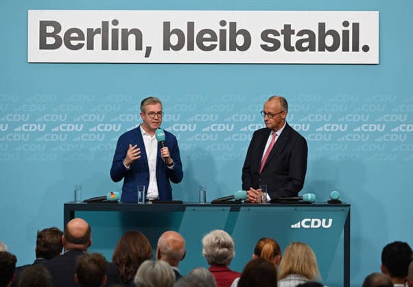 German Chancellor Merz and CDU candidate Evers lead final campaign push for Berlin state election BERLIN, GERMANY – SEPTEMBER 17: Federal Chancellor Friedrich Merz and CDU Berlin lead candidate Stefan Evers take part in the final phase of the CDU’s Berlin election campaign under the motto: Keeping Extremists Out of Power. Solutions from the Centre , at the CDU Federal Headquarters in Berlin, Germany, on September 17, 2026. The Berlin House of Representatives election will take place on September 20, 2026 Volodymyr Sindieiev Anadolu Berlin Germany. Editorial use only. Please get in touch for any other usage.  Copyright: x2026xAnadoluxVolodymyrxSindieievx